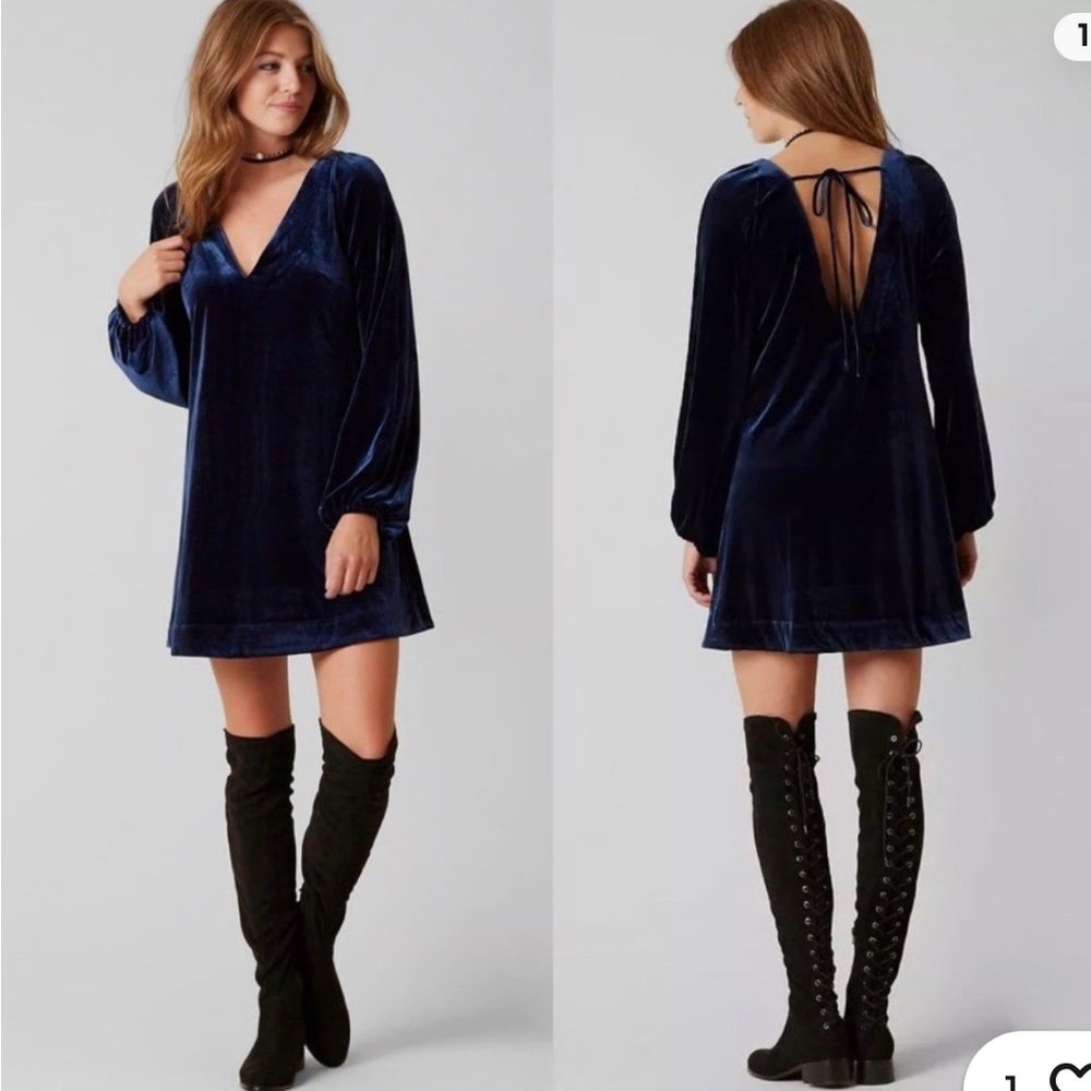 Free People Deep Blue Velvet Long Sleeve Dress